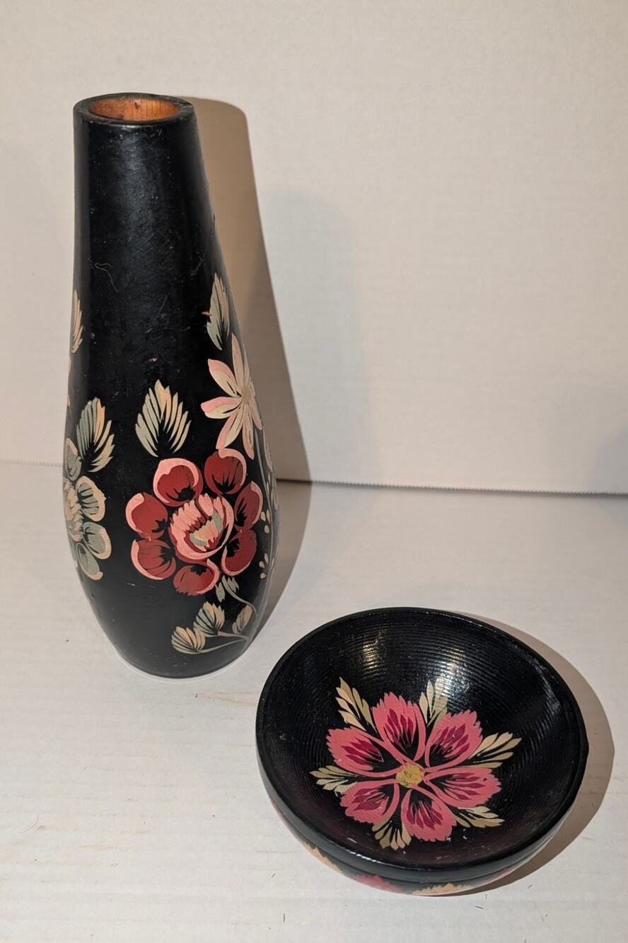 Beautiful Vintage Russian Hand Painted Wooden Vase & Bowl Made in USSR